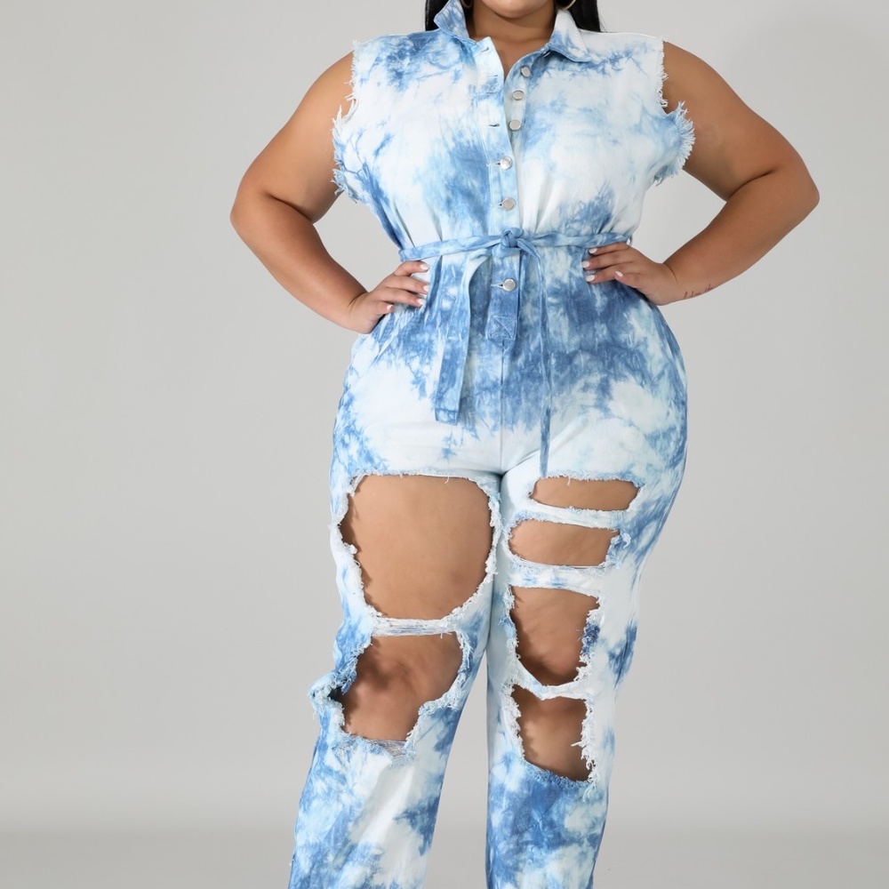 Tie-Dye Distressed Denim Jumpsuit